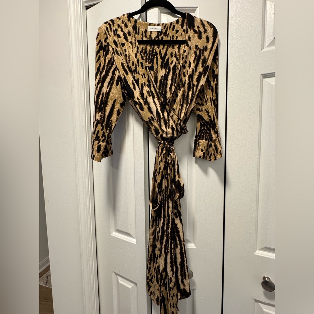 Calvin Klein Beige and Black Leopard Patterned Faux Wrap Jersey Dress with Belt